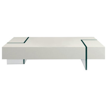 Modern Rectangular Coffee Table With 15MM Thick Glass Base, White, 12'' Height