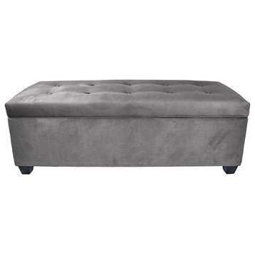 Large Storage Bench, Hinged Padded Lid With Square Button Tufting, Grey