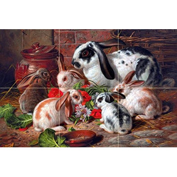 Tile Mural Kitchen Backsplash a Family of Rabbits, Ceramic Glossy