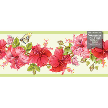 GB20031 Hibiscus & Butterfly Peel and Stick Wallpaper Border 10in x 15ft