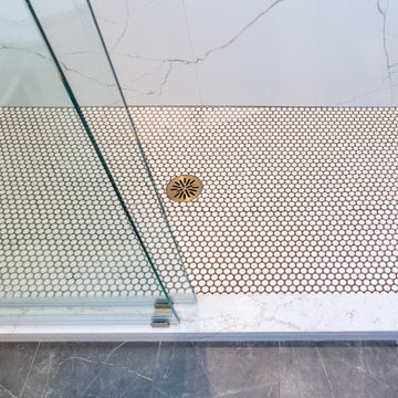 Penny Round Shower Floor with Champagne Bronze Drain | Chicago Bathroom Remodel
