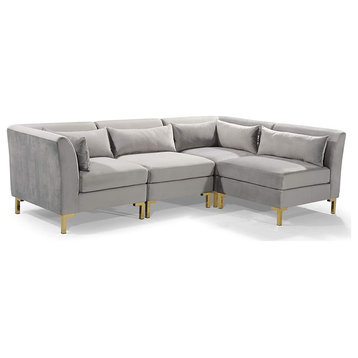 Modular Sectional Sofa, Elegant Design With Gold Metal Legs & Velvet Seat, Grey