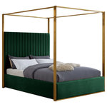 Meridian Furniture - Jones Upholstered Bed, Green, King, Velvet - Dream big in the Jones green velvet canopy bed. This handsome Meridian Furniture bed has a channel tufted headboard, giving the bed a regal and sophisticated look. The headboard is tufted for added elegance, and the bed comes with a brushed brass metal canopy, adding to its overall elegance and grandeur. Green velvet fabric used on the sides and headboard gives it a luxe vibe, and the headboard is heavily padded, making it an ideal backrest for reading or watching TV.