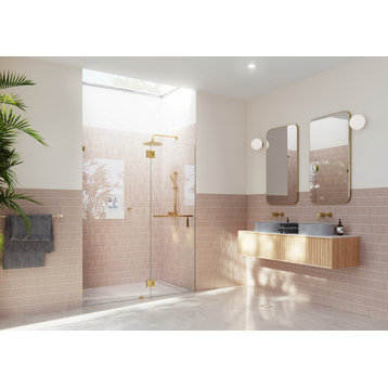 78"x37.5" Frameless Towel Bar Shower Door Glass Hinge, Polished Brass
