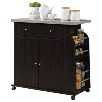 Pemberly Row Contemporary Wood Kitchen Cart with Spice Rack in Chocolate