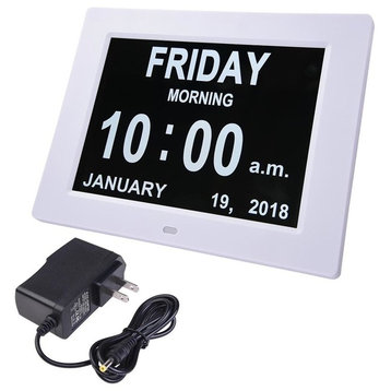 8" Large Digital LCD Day Clock 6-Alarm Time Week Date Calendar Dementia, White