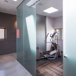 アルバカーキの中サイズのコンテンポラリースタイルのおしゃれなトレーニングルーム (グレーの壁、茶色い床、カーペット敷き) の写真