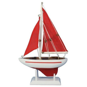 Wooden Pacific Sailer With Red Sails Model Sailboat Decoration, Red, 9"