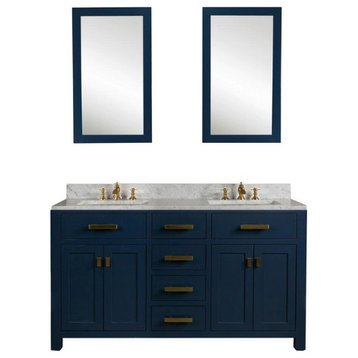 Madison 60" Carrara White Marble Vanity, Monarch Blue With Faucet