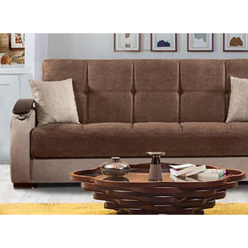 Modern Sleeper Sofa, Soft Microfiber Seat & Elegant Curved Wooden Arms, Brown