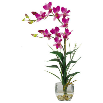 Dendrobium With Glass Vase Silk Flower Arrangement, Purple