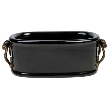 Black Porcelain Oval Pot With Ormolu Brass Handle