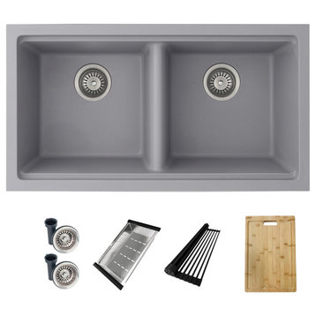 33" Dual Mount Workstation Double Bowl Gray Composite Granite Kitchen Sink