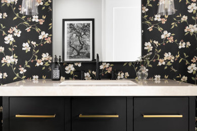 Inspiration for a small timeless multicolored tile and mirror tile mosaic tile floor, green floor and wallpaper powder room remodel in Los Angeles with flat-panel cabinets, black cabinets, multicolored walls, an undermount sink, quartzite countertops, white countertops and a floating vanity
