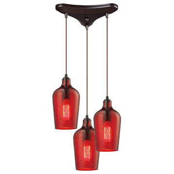 Hammered Glass 3 Light Mini Pendant, Hammered Red Glass, Triangular Canopy