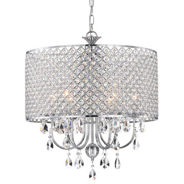 5-Light Chrome Round Beaded Drum Chandelier With Hanging Crystals