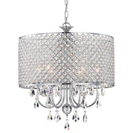 5-Light Chrome Round Beaded Drum Chandelier With Hanging Crystals