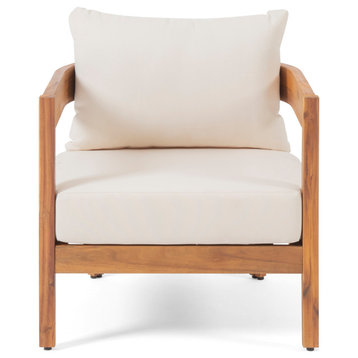 Burrough Outdoor Acacia Wood Club Chair With Cushions, Teak and Beige