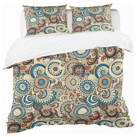 Floral With Doodles Cucumbers Bohemian Eclectic Bedding, Queen