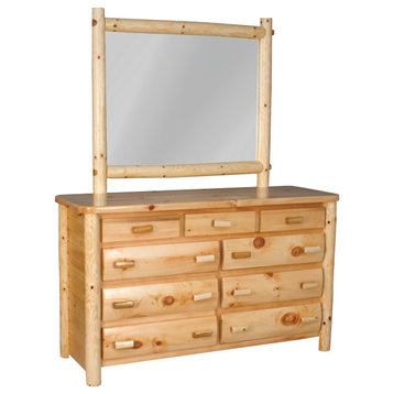 White Cedar Log 7-Drawer Dresser and Framed Mirror Set
