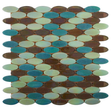 Mosaic Glass Tile Oval Shape For Swimming Pool Wet Area & More, Mix Green Blue A