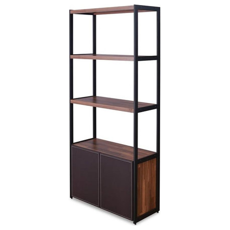 ACME Sara 3 Shelf Wooden Bookcase with 2 Doors in Walnut and Sandy Black