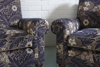 Armchairs upholstered in Morris and Co Larkspur