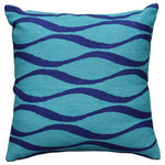 Kashmir Designs - Contemporary Waves Aqua Turquoise I Decorative Pillow Cover Wool 18x18" - Kashmir is proud to bring together the modern abstract vector design pillow collection, hand embroidered by the finest artisans of Kashmir, into the living spaces of patrons and connoisseurs’ all around the world. These unique, seamless and modern pillows would bring together the artistic elements of any room, creating a harmonious design and perfect air of sophistication.
