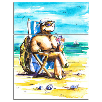 "Turtle Enjoying Holidays on Beach" Wall Art, 3 Panels, 28"x36"