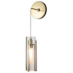 Hubbardton Forge - Hubbardton Forge 201394-84-GG Exos Glass Mini Low Voltage Sconce in Soft Gold - The Exos Collection pieces feature steel rods handcrafted to vertically support each shade. Glass double cylinders, with a frosted inner and a choice of clear or frosted outer glass shade offer a different feel and style for any space. You can set your own desired sconce drop height for unique applications, including vanity or beside, among others.