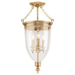 Hudson Valley Lighting - Hanover, Three Light 21-inch Semi Flush, Aged Brass Finish, Clear Glass Shade - Not only does our bell jar lantern capture the timeless style of a British heirloom, blown glass and cast brass ensures Hanover will be admired for generations. Patterned after the signature lanterns that graced royal foyers during the English Regency, Hanover resounds with authentic details. Filigreed hangers anchor Hanover's three brass chains, while a glass smoke bell warmly diffuses light across an expanse of upward space.