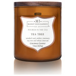 MVP Group International Inc. - Manly Indulgence Tea Tree Scented Jar Candle, Signature, 15 oz - Classic masculine fragrances fuse with unexpected ingredients for a truly gender free experience.Featuring the bold warmth of amber, oud, and charcoal rounded out with rosewater. This earthy fragrance gives the aroma of a recently extinguished campfire.Tea Tree features a light smoky oud that is balanced with amber and jasmine. Like passing a smoky haze from a nearby fireplace, Tea Tree blends the woodsy and botanical scents of nature into a well-rounded fragrance.The Signature Collection by Manly Indulgence is inspired by traditionally masculine fragrances that combine with fresh, organic elements. This collection explores both edgy and soft aromas for different personalities.  Featuring wooden wicks and matching wooden lids, the Signature collection is as unique as you are.