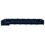 Meridian Furniture - Tremblay Modular Sectional, Navy, L-Shaped, 8-Piece: Armless (6), Corner (2) - Lean back and relax on this Tremblay sectional. Featuring soft navy velvet upholstery with deep button tufting, this sectional adds a bold touch to any living space. A complete set of gold and chrome legs are included, so you can change it up to suit your home decor. This sectional is modular, so you can create infinite configurations with it, which are easily attached using the latch underneath the frame. Its contemporary design is perfect for the modern home.