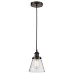 Innovations Lighting - Innovations 616-1PH-OB-G64 1-Light Mini Pendant, Oil Rubbed Bronze - Innovations 616-1PH-OB-G64 1-Light Mini Pendant Oil Rubbed Bronze. Collection: Edison. Style: Industrial, Farmhouse, Restoration-Vintage, Transitional. Metal Finish: Oil Rubbed Bronze. Metal Finish (Canopy/Backplate): Oil Rubbed Bronze. Material: Steel, Cast Brass, Glass. Dimension(in): 8(H) x 6(W) x 6(Dia). Min/Max Height (Fixture Height with Cord or Included Stems and Canopy)(in): 13/131. Wire/Cord: 10 Feet Of Black Fabric Cord. Bulb: (1)60W Medium Base,Dimmable(Not Included). Maximum Wattage Per Socket: 100. Voltage: 120. Color Temperature (Kelvin): 2200. CRI: 99. 9. Lumens: 220. Glass Shade Description: Seedy Small Cone. Glass or Metal Shade Color: Seedy. Shade Material: Glass. Glass Type: Seeded. Shade Shape: Cone. Shade Dimension(in): 6. 25(W) x 5. 75(H). Fitter Measurement (Glass Or Metal Shade Fitter Size): 3. 25 inch Fitter. Canopy Dimension(in): 4. 75(Dia) x 1(H). Sloped Ceiling Compatible: Yes. California Proposition 65 Warning Required: Yes. UL and ETL Certification: Damp Location.