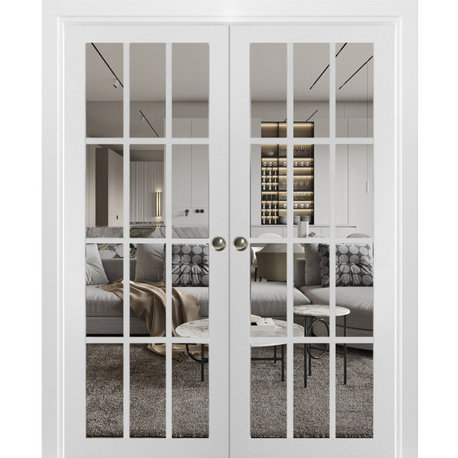 Double Pocket Doors Clear Glass, Felicia 3355 Matte White, 48" X 80"