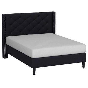 Modern Platform Bed, Black Linen Upholstery & Button Tufted Headboard, King