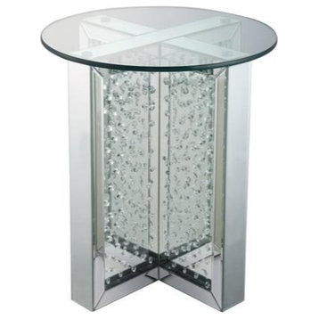Round Mirrored Metal End Table With Glass Top And Crystal Accent Base, Silver