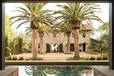 Large tuscan backyard stone and custom-shaped lap pool photo in San Francisco