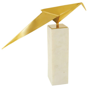 Bird Statue II Gold Finish on Metal with White Marble Base