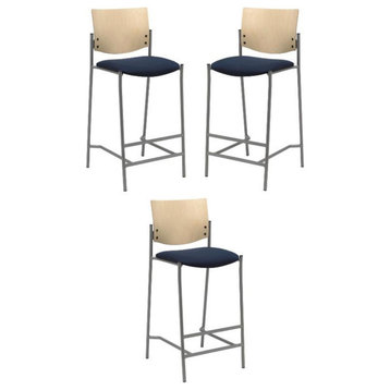 Home Square Wood & Fabric Barstool in Silver Frame/Navy - Set of 3