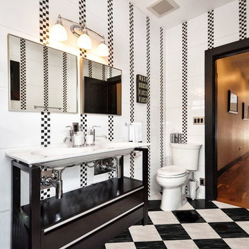 modern whimsical black and white checkerboard bathroom
