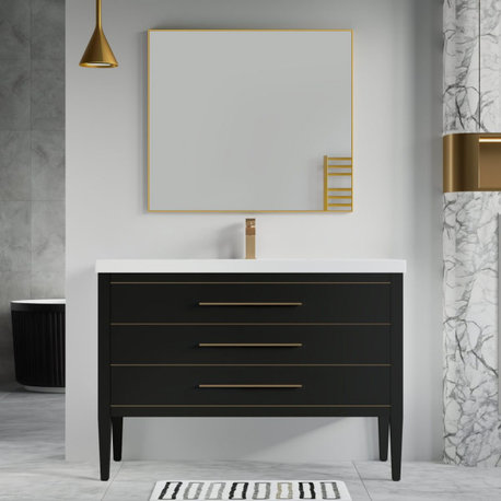 Grace Bathroom Vanity, Black With Brass Trim, 48", Single Sink, Freestanding