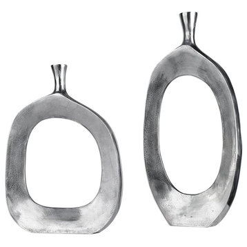 Open Abstract Circle Aluminum Vases 2-Piece Set, Silver Metal Round