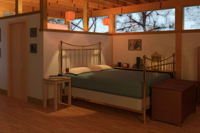 Foto de dormitorio principal bohemio grande con paredes blancas, suelo de madera clara, suelo marrón y vigas vistas
