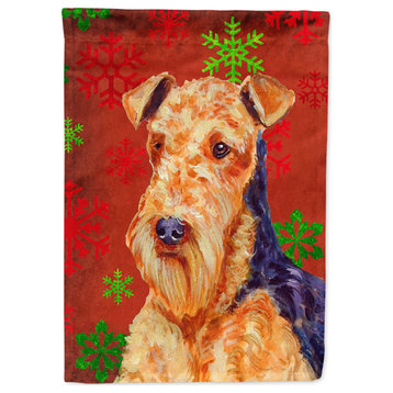 Lh9336Chf Airedale Red Green Snowflakes Christmas Flag Canvas
