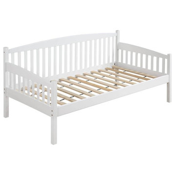 Twin Size Daybed, Wooden Frame With Slatted Headboard and Armrests, White