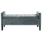 Inspired Home - Grace Velvet Button Tufted With Silver Nailhead Trim Storage Bench, Slate Blue - Our velvet storage bench combines functionality and style for your living room or bedroom. This multipurpose piece can be an ottoman, seating in your living room, or functional pop of color at foot of your bed. It exudes comfort and convenience on a daily basis. Featuring buttery soft velvet, silver decorative nail head trim, comfortable button tufted high density foam seating, solid birch legs, a spacious hidden storage compartment with an adjustable safety hinged storage lid, making it kid friendly and perfect for keeping books, magazines and other trappings out of sight. This modern accent piece blends harmoniously with any home furnishing and decor.