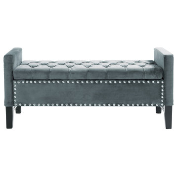 Grace Velvet Button Tufted With Silver Nailhead Trim Storage Bench, Slate Blue
