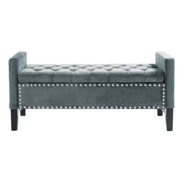Grace Velvet Button Tufted With Silver Nailhead Trim Storage Bench, Slate Blue