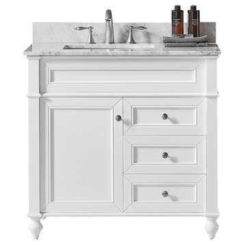 36" Single Bathroom Vanity, White with Carrara White Marble Top